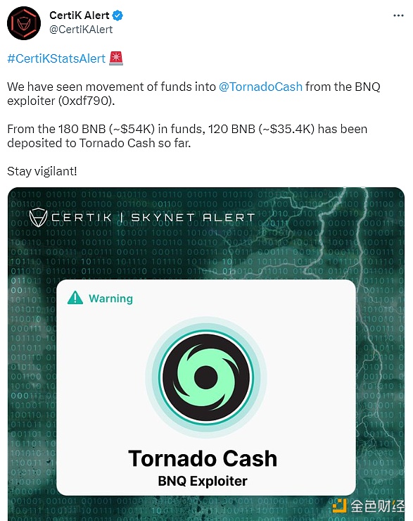BNQ攻击事件中的黑地址(0xdf790)已将资金转至Tornado Cash-第1张图片-欧易下载